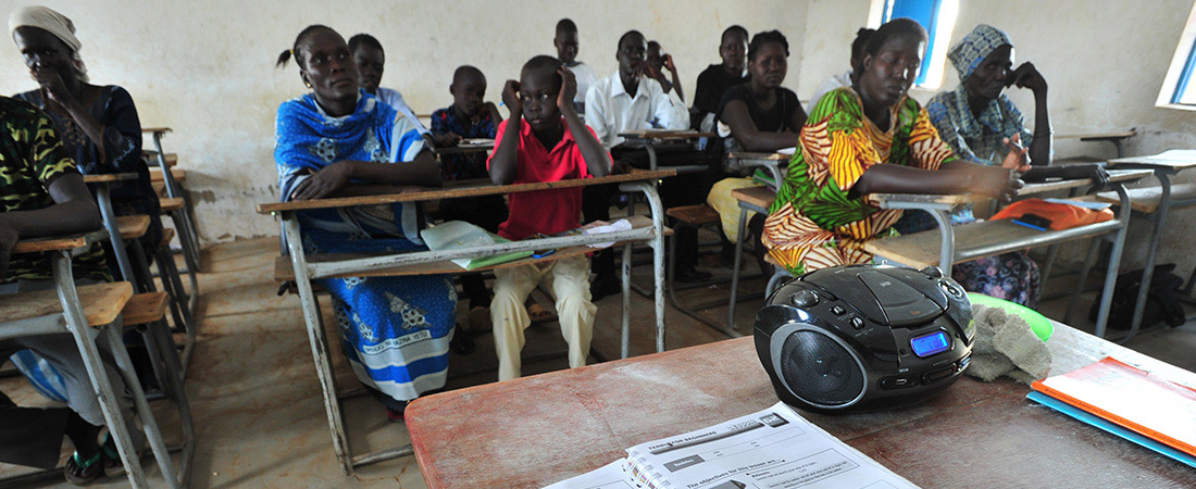 A classroom using a radio for teacher professional development in South Sudan.