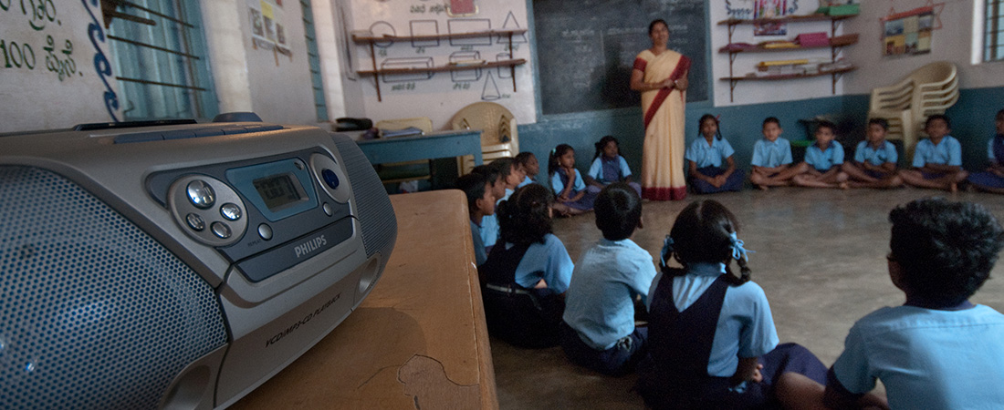 A photo of a classroom using interactive audio instruction.