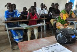 A classroom using a radio for teacher professional development in South Sudan.